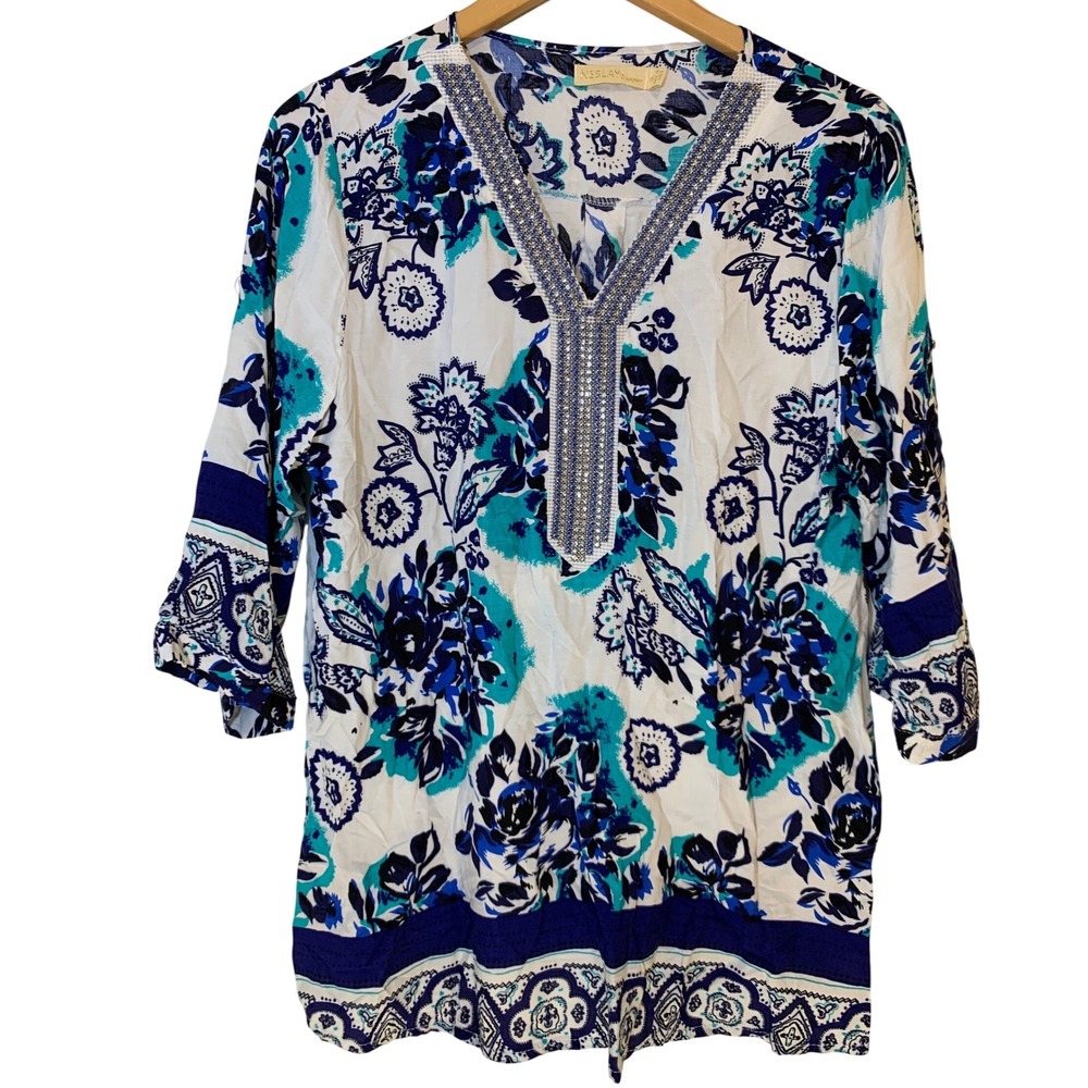Neslay‎ Designer XL Cotton Floral studded rhinestone Boho Coastal Top Womens